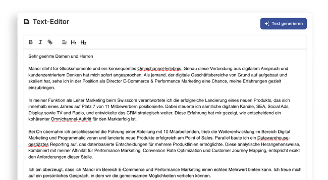 Text-Editor mit dem man das Motivationsschreiben bearbeiten kann.