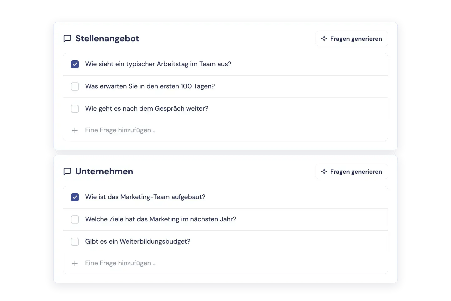 Generierte Fragen fürs Vorstellungsgespräch zur Stelle und zum Unternehmen Generierte Fragen fürs Vorstellungsgespräch zur Stelle und zum Unternehmen