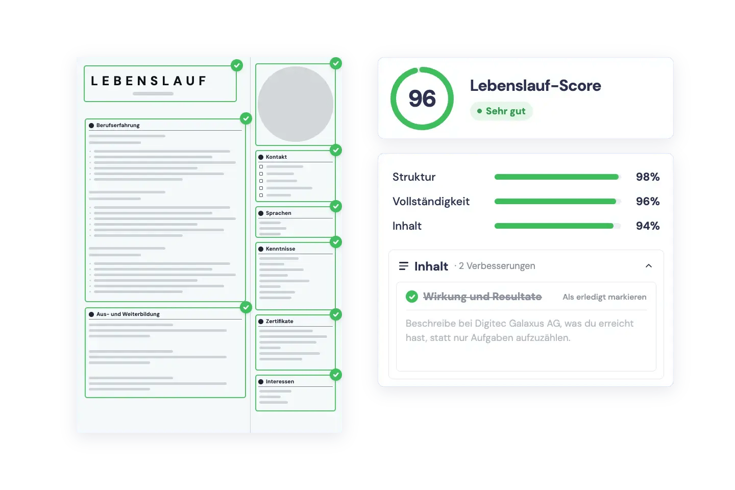 Lebenslauf-Score mit Bewertung von Struktur, Vollständigkeit und Inhalt Lebenslauf-Score mit Bewertung von Struktur, Vollständigkeit und Inhalt