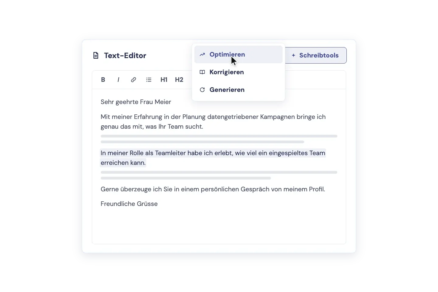 Text-Editor mit Schreibtools zum Anpassen des Motivationsschreibens