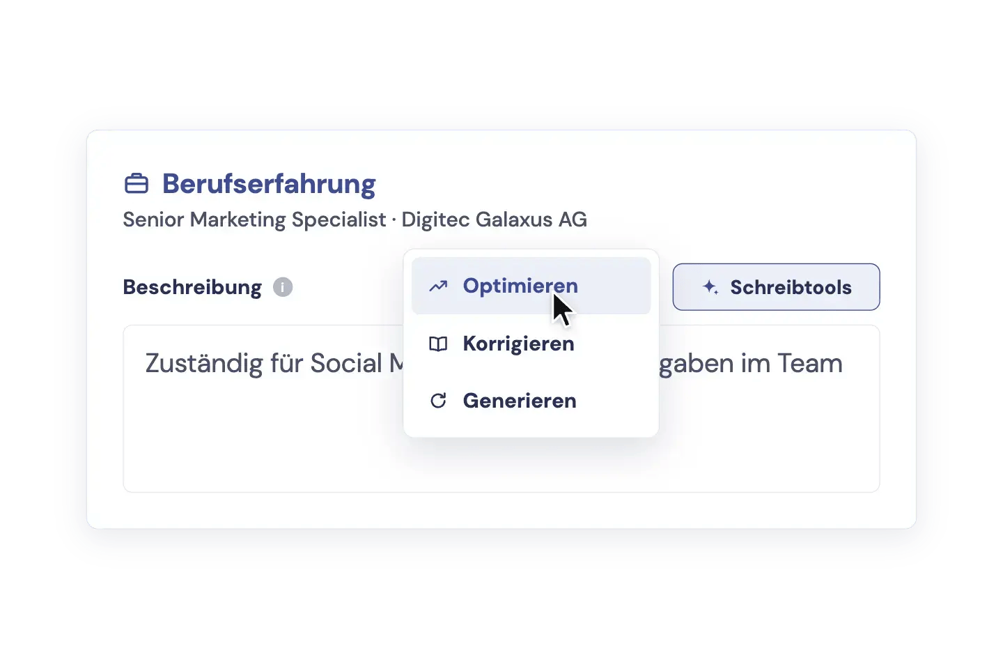 Schreibtools im Lebenslauf-Editor zum Optimieren, Korrigieren und Generieren von Texten Schreibtools im Lebenslauf-Editor zum Optimieren, Korrigieren und Generieren von Texten