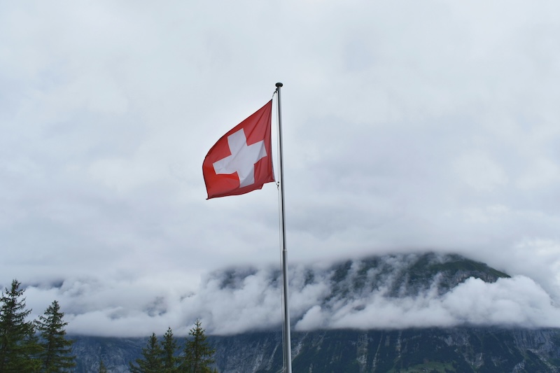 Eine Schweizer Flagge die im Winde weht und im Hintergrund sind die Schweizer Berge.jpg