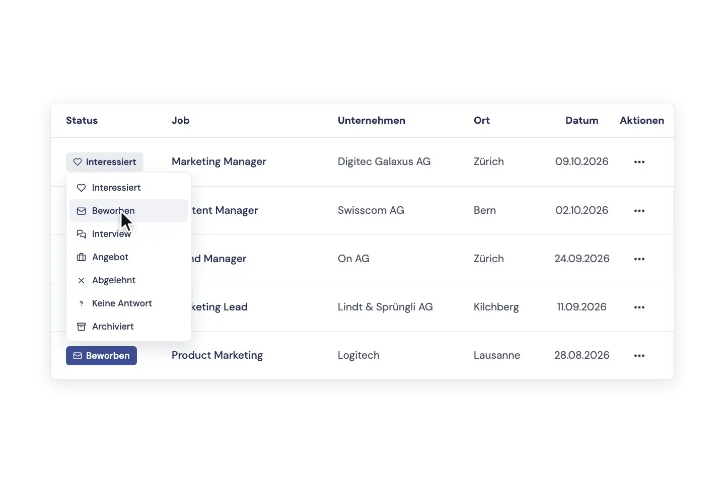 Bewerbungsmanager mit Übersicht aller Bewerbungen und verknüpften Unterlagen