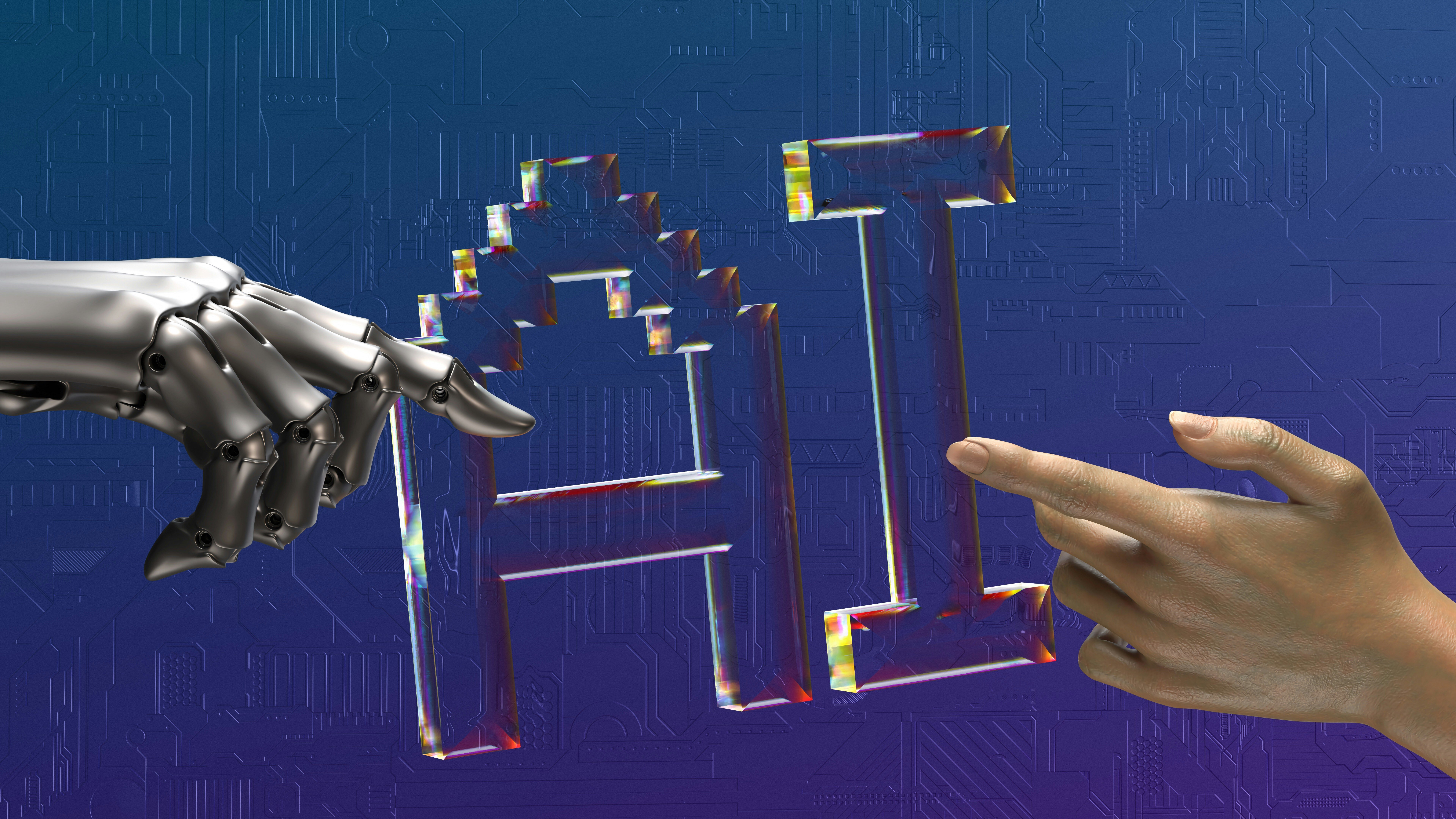 Bild von Roboterhand und menschlische Hand, die den Buchstaben 