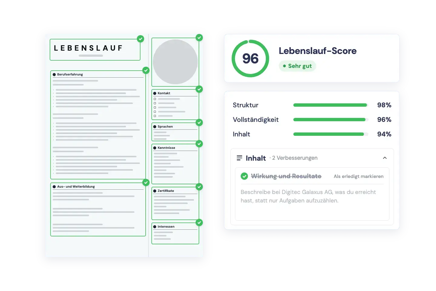 Lebenslauf-Score mit Bewertung von Struktur, Vollständigkeit und Inhalt